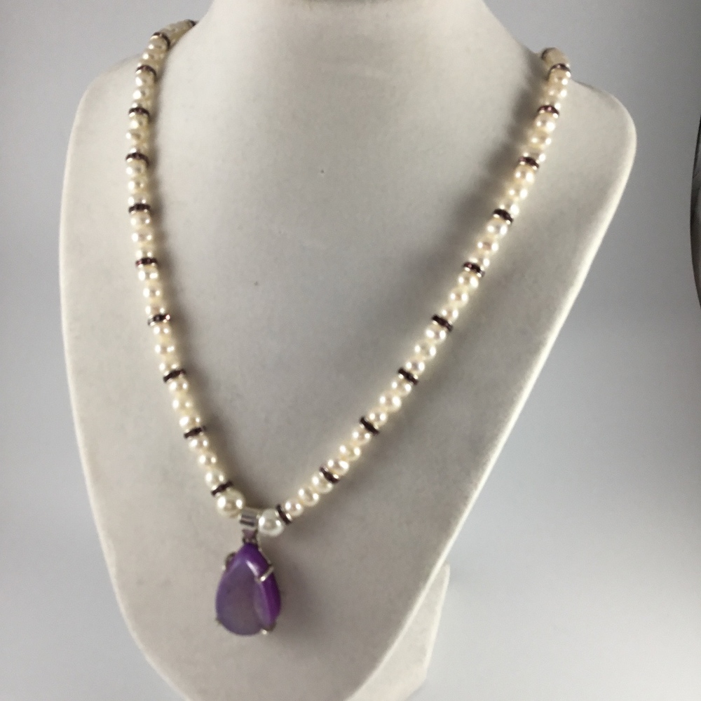 Freshwater Pearls and Purple Druzy stone necklace